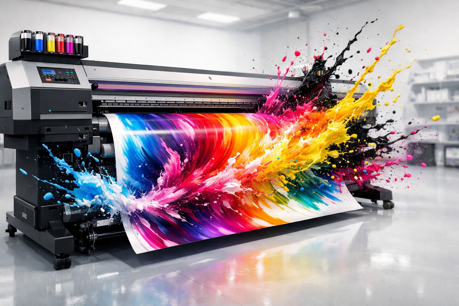 Large format printer with colorful CMYK ink explosion